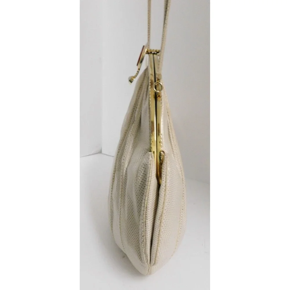 Judith Leiber Large Beige Karung Leather‎ Pink Quartz Cameo Clutch Shoulder Bag